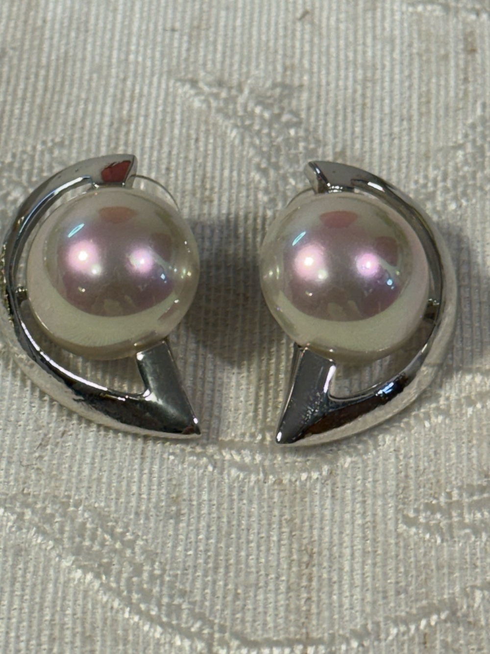 Vintage Silver Tone Half Moon Faux Pearl Post Earrings 80s 90s Celestial